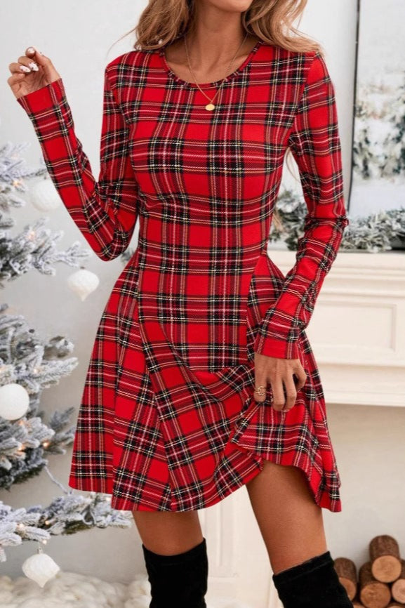Plaid Long Sleeve Party Dress