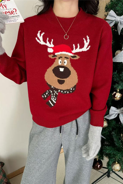 Christmas Crew Neck Color Block Christmas Deer Sweater