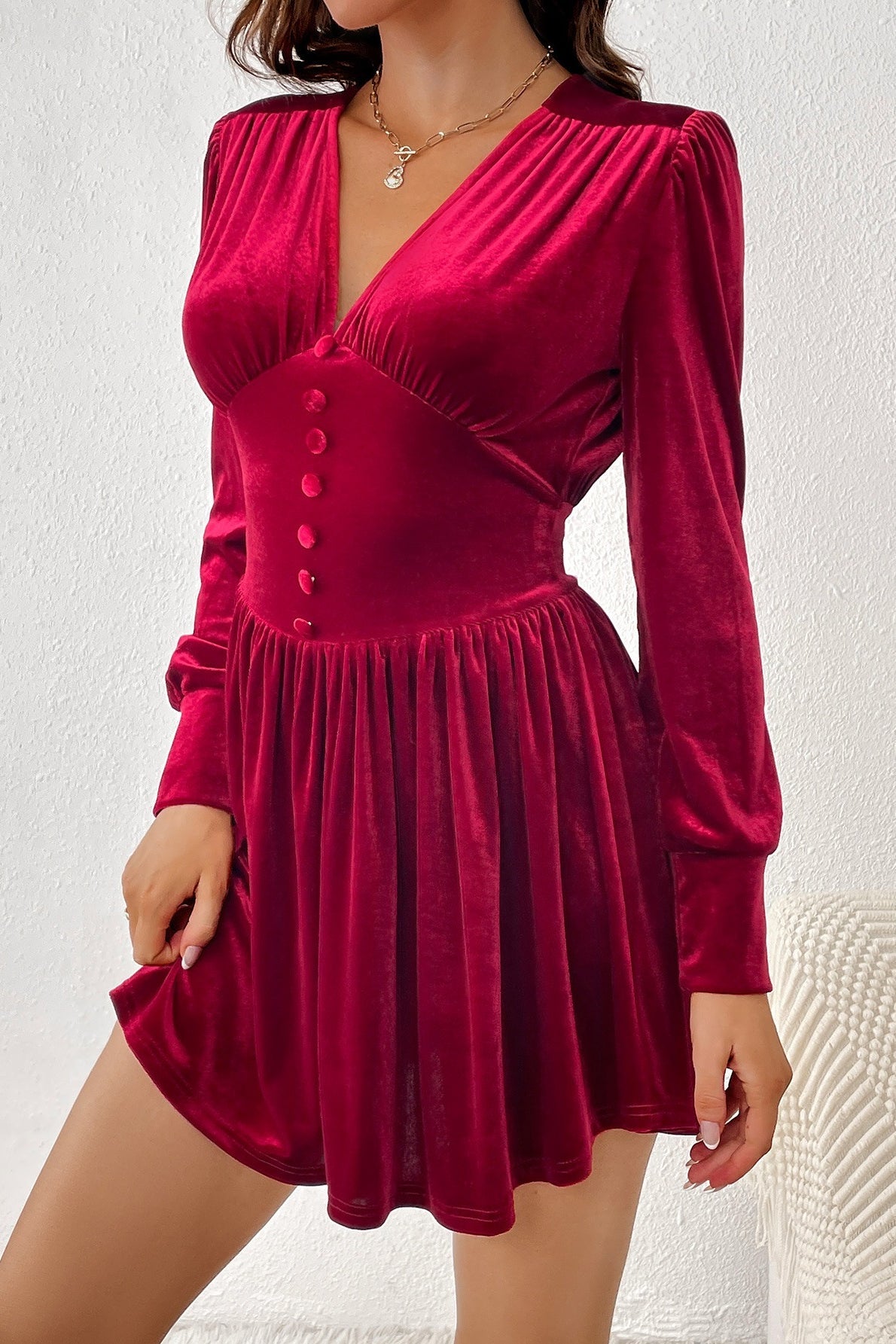 Velvet V-Neck Button Slim Long-Sleeve Mini Dress