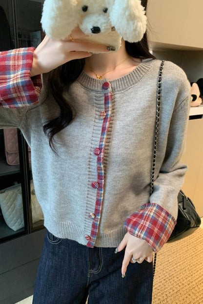 Red Plaid Contrast Round Neck Christmas Cardigan