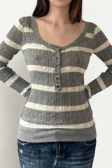 Cable Knit Striped Square Neck Sweet Knit Sweater