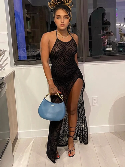 JuliaFashion - 2024 Sexy Halter Backless Mesh Slit Maxi Dress