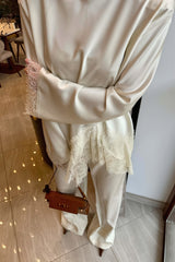 Lace Trim Satin Top and Straight Pants Set