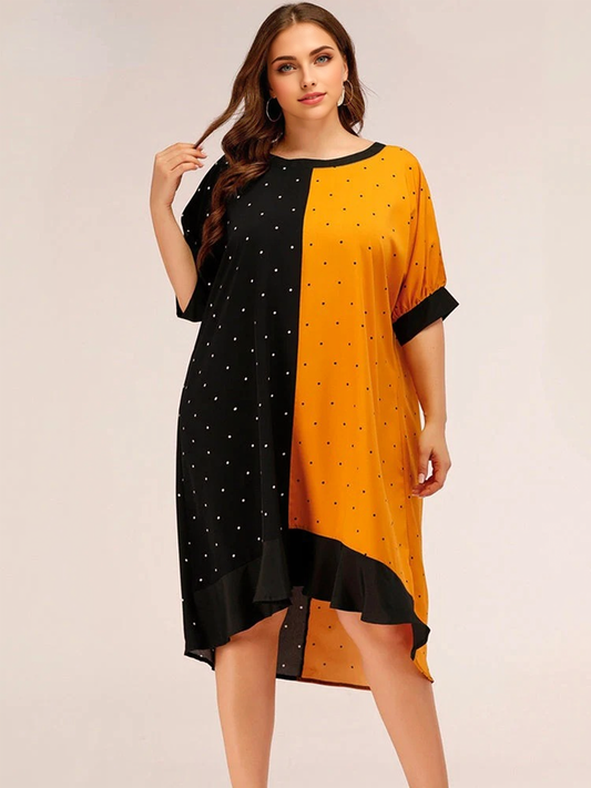 JuliaFashion-Contrast Color Round Neck Dot Ruffle Hem Dresses