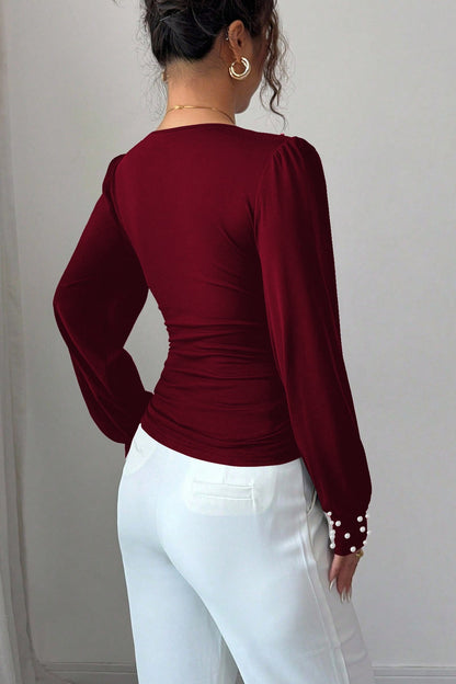 Pearl Accent Solid V-Neck Ruched Waist Sexy Long Sleeve Tee