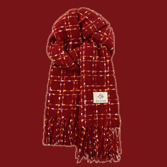 Burgundy Tartan Fringed Christmas Scarf