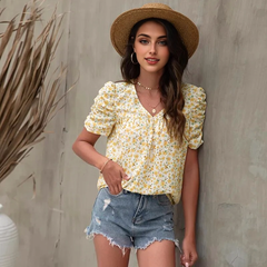 JuliaFashion - Summer Women's V-neck Bubble Sleeve Print Short Sleeve T Shirt