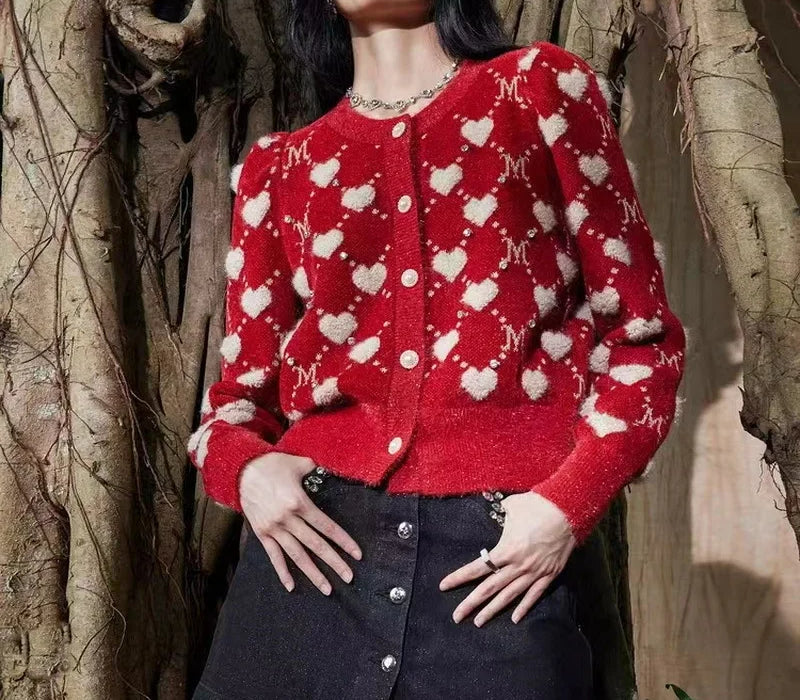 Red Vintage Argyle Jacquard Cardigan / One Size Cardigan-241208