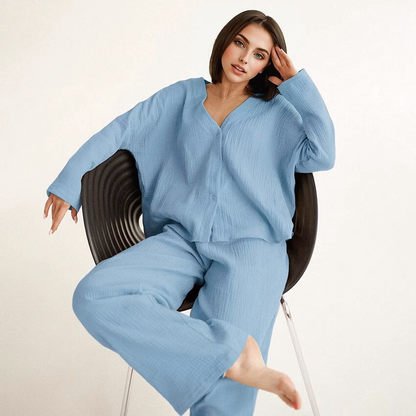 JuliaFashion-Cotton Linen Solid Single Breasted Long Sleeve Pijama Suit