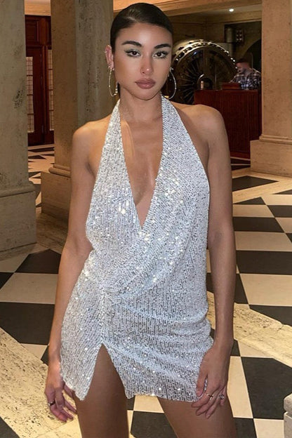 Sequin Halter Slit Party Dress