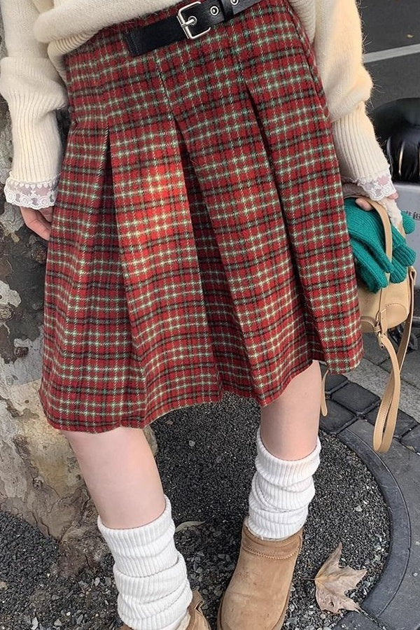 Plaid Wool Pleated Christmas Skirt
