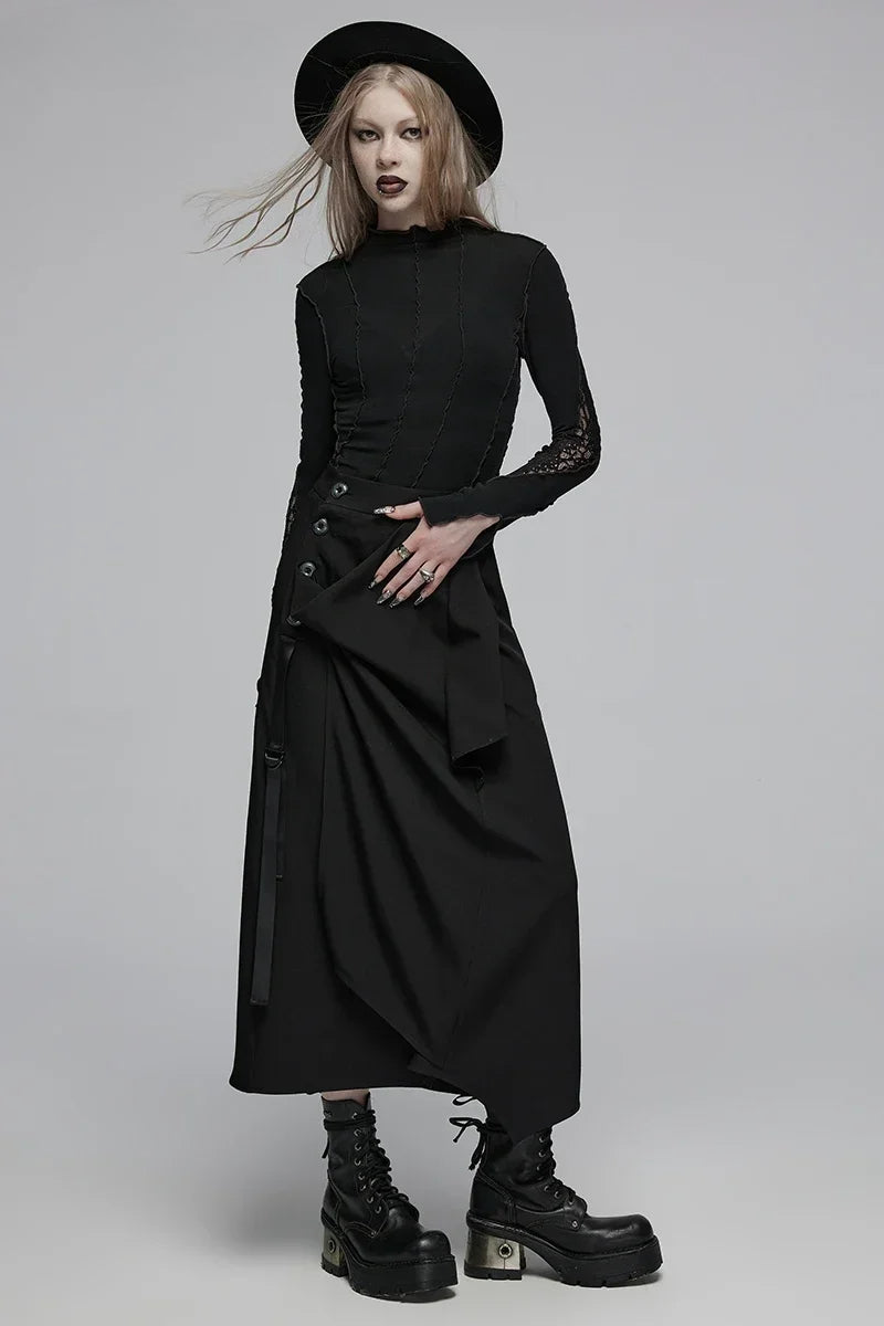 Women's Irregular Casual Waisted High Daily Black Deconstructed Medium Loose Skirt