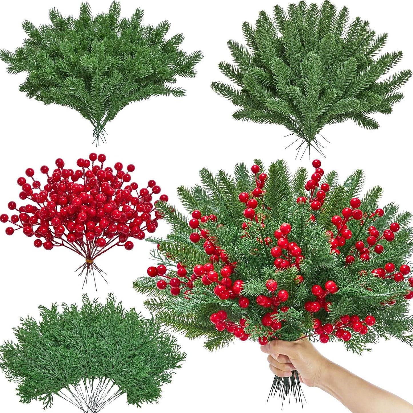 Artificial Pine Branches with Red Berry Stems - Set of 50 for DIY Christmas Decorations