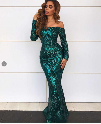 Cocktail Evening Dress off-Shoulder Long Sleeve Retro Sequined Fishtail Dress