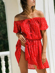 Summer Floral Printed Off-The-Shoulder Short Sleeves Mini Dress - Red Dresses