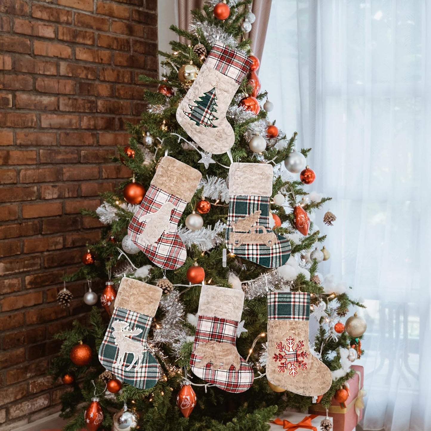 6 Pack Christmas Stocking - Red Green Plush Plaid Mix and Match Classic Rustic Farmhouse Country Cotton Fireplace Hanging Xmas Stockings for Family Holiday Season Decor