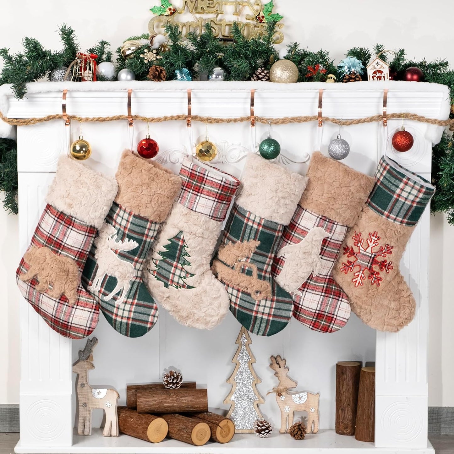 6 Pack Christmas Stocking - Red Green Plush Plaid Mix and Match Classic Rustic Farmhouse Country Cotton Fireplace Hanging Xmas Stockings for Family Holiday Season Decor