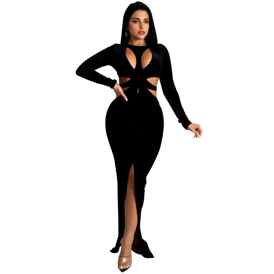 Julia Fashion - Sexy O Neck Cut Out Long Sleeve Split Maxi Dress