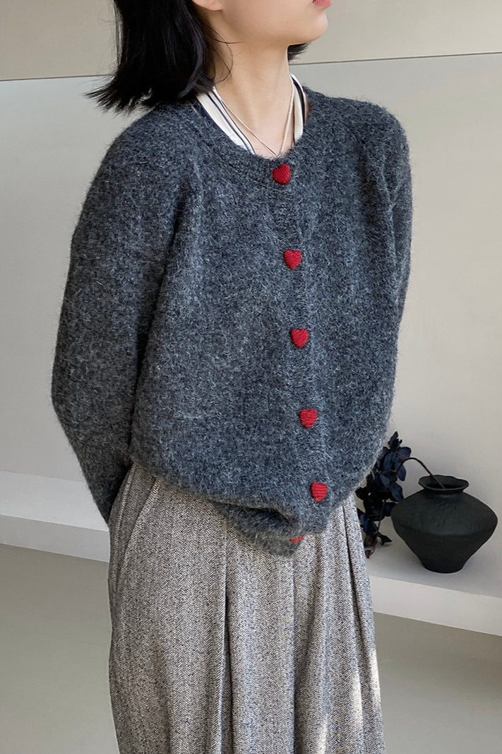 Oversized Heart Button Round Neck Christmas Cardigan