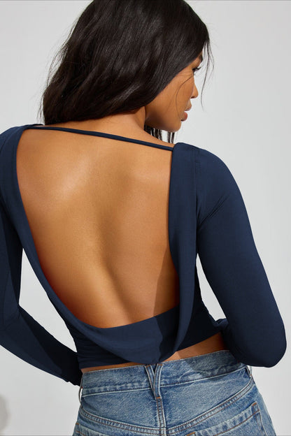 Solid Color Fitted Open Back Sexy Long Sleeve Tee