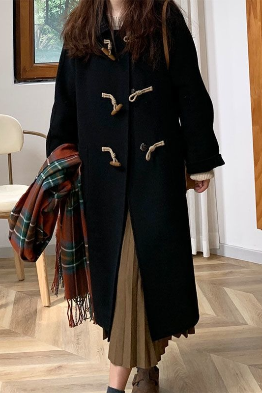 Petite Red Thickened Wool Horn Button Christmas Outerwear