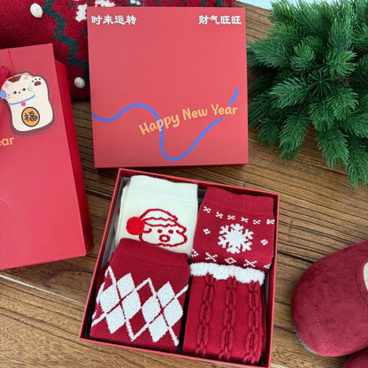 Red Argyle Snowflake Seamless Rabbit Fleece Mid Calf Christmas Socks