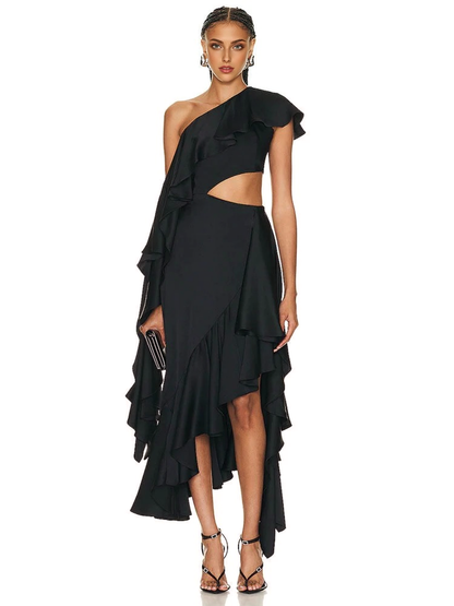 JuliaFashion - 2024 Sexy Black Slanted Shoulder Midi Cutout Dress