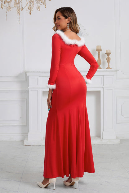 Christmas Elegant Slim Fit Long Sleeve Fuzzy Trim Party Dress