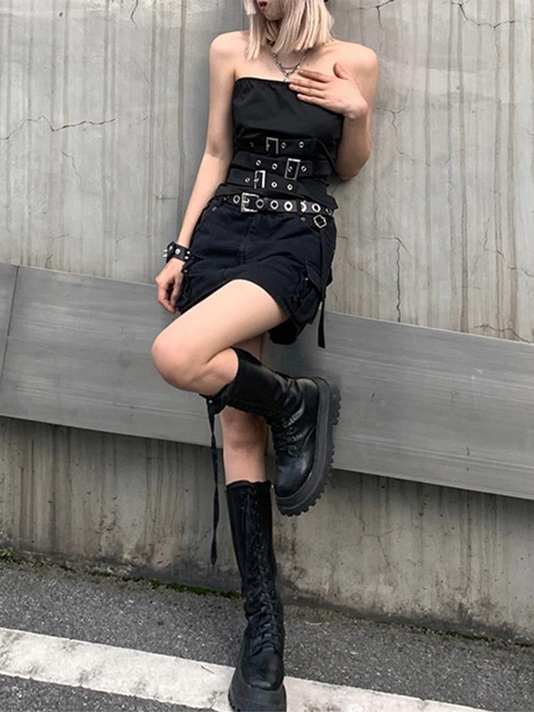 Gothic Design Eyelet Black Punk Bandage Crop Sleeveless Top