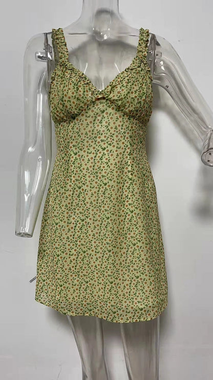 Sundress Digital Floral Print Fresh Sweet Spaghetti-Strap Chiffon Dress