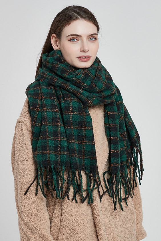 Oversized Fringe Plaid Christmas Scarf