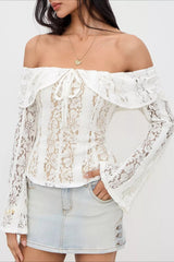 Off Shoulder Lace Patchwork Bodycon Long Sleeve Tee