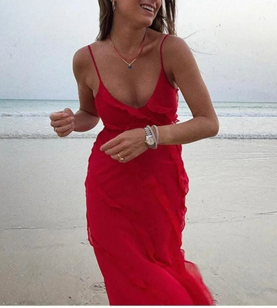 Elegant Ruffles Chiffon Backless Split Maxi Red Christmas Party Dress Dresses-L