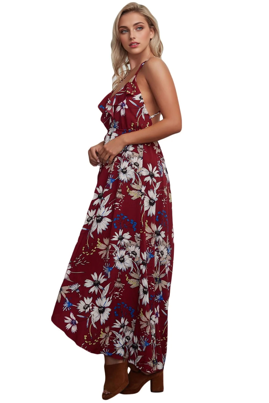 JuliaFashion-Burgundy Floral Chiffon Spaghetti Straps Maxi Dress