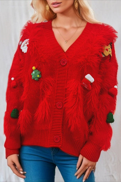Christmas Mink Fleece 3D Trim Single-Breasted Cardigan Sweater Red / S