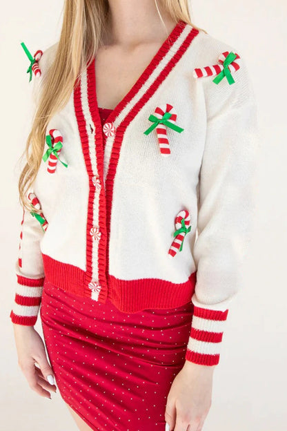 Sweet Bow V Neck Long Sleeve Christmas Cardigan