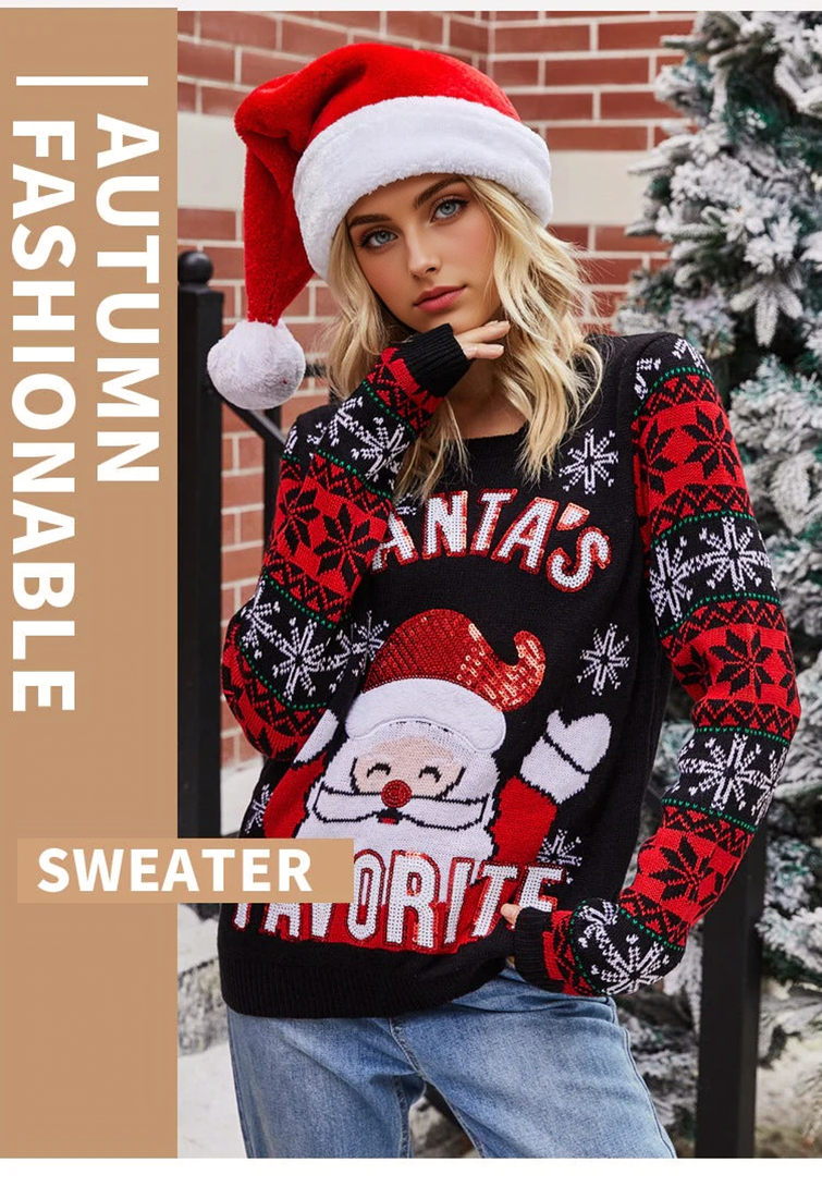 JuliaFashion-Christmas Pullover Sweater Santa Claus Embroidery Round Neck Sweater