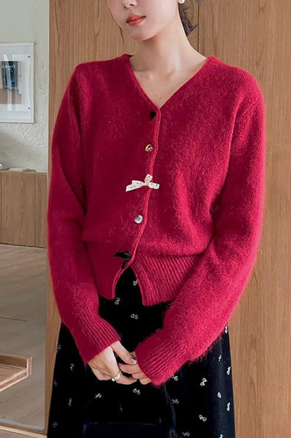 V Neck Bow Detail Button Christmas Cardigan
