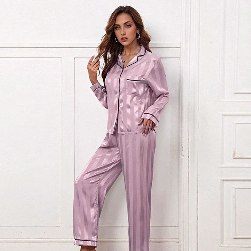 JuliaFashion-Faux Silk Striped Pajamas with Pants And Shirt