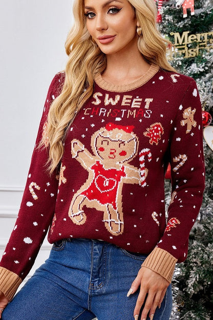 Christmas Gingerbread Man Color Block Polka Dots Sweater