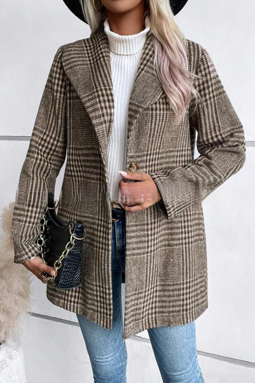 Plaid Tweed Notch Lapel Slim Elegant Christmas Outerwear