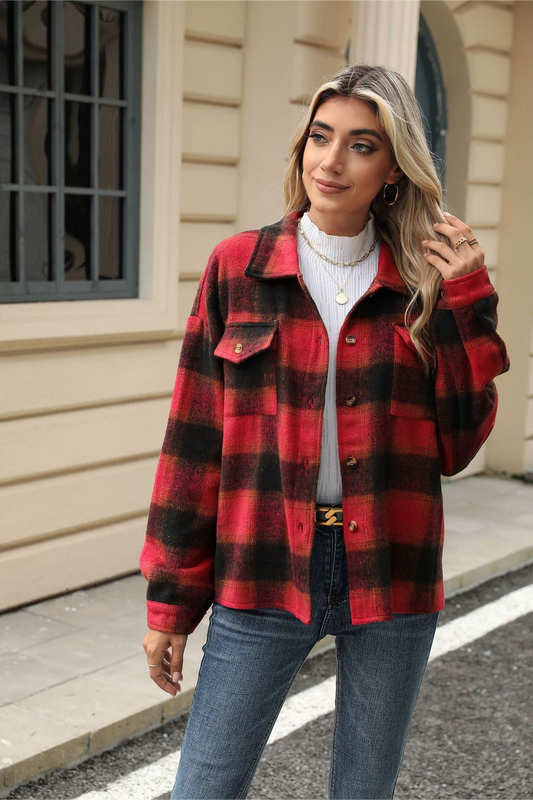 Loose Plaid Lapel Faux Wool Long Sleeve Christmas Outerwear