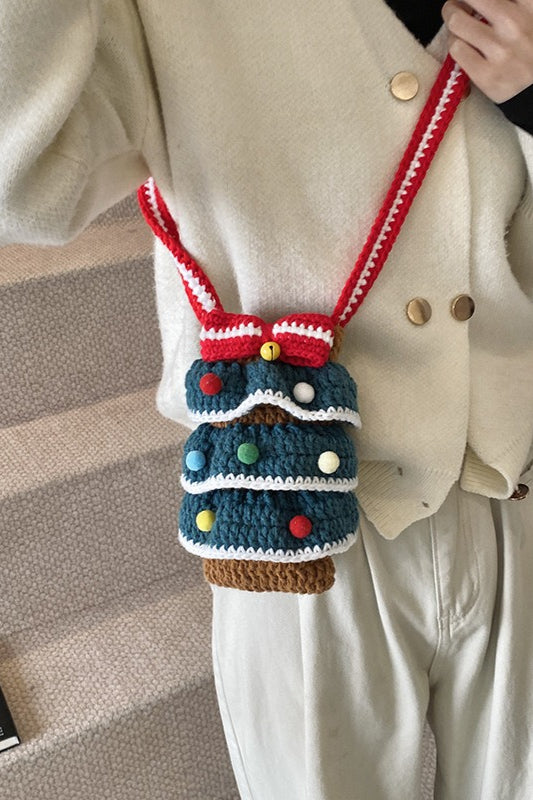Cute Hand Knitted Yarn Christmas Tree Bauble Crossbody Bag