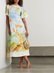 Gathered Printed Linen-Gauze Midi Dress