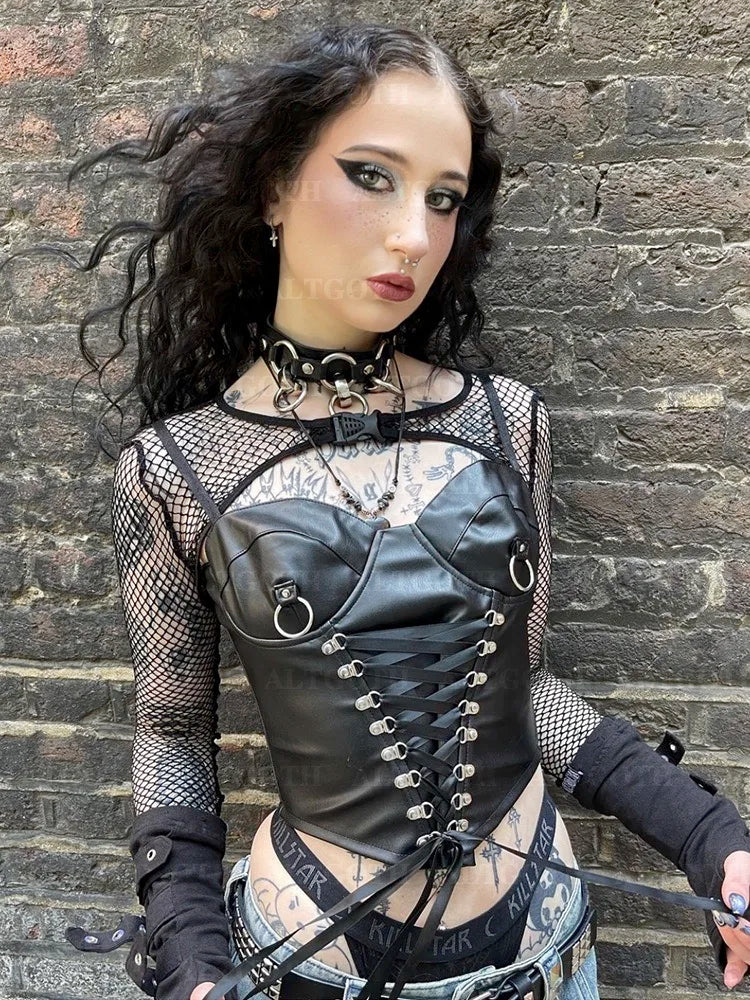 Alt PU Cyberpunk Goth Corset Crop Bandage Top