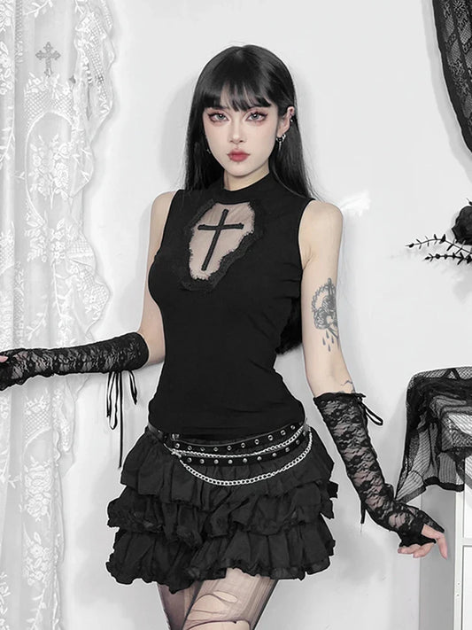 Gothic Dark Cross Mesh Patchwork See Grunge Alternative Crop Top