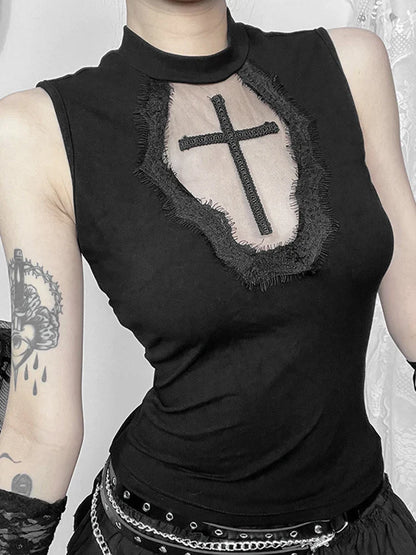 Gothic Dark Cross Mesh Patchwork See Grunge Alternative Crop Top