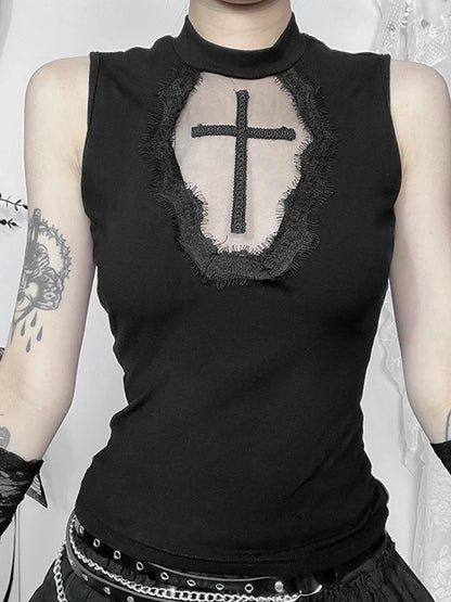 Gothic Dark Cross Mesh Patchwork See Grunge Alternative Crop Top