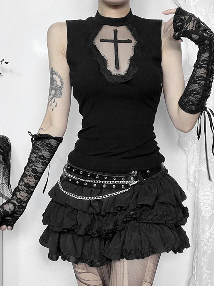 Gothic Dark Cross Mesh Patchwork See Grunge Alternative Crop Top