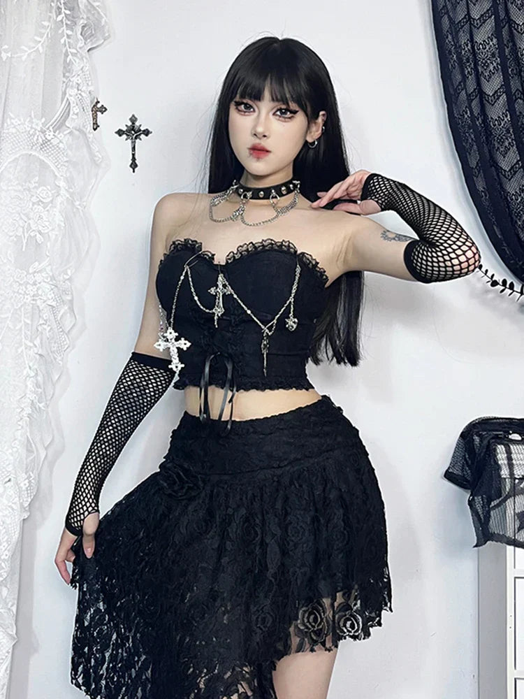 Gothic Dark Punk Harajuku Grunge Stylish Elegant Chic Trendy Lace-Up Crop Top